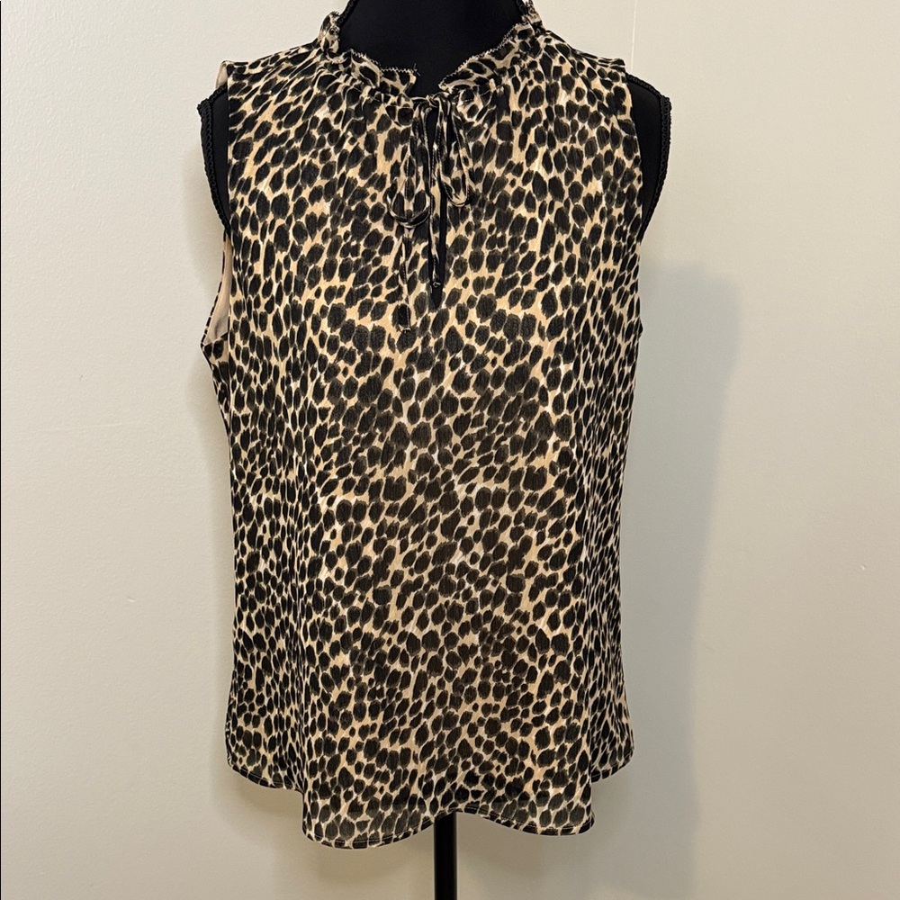 J.Crew Leopard Print Sleeveless Ruffle Neck Front Keyhole Top Small  Tan‎ Black